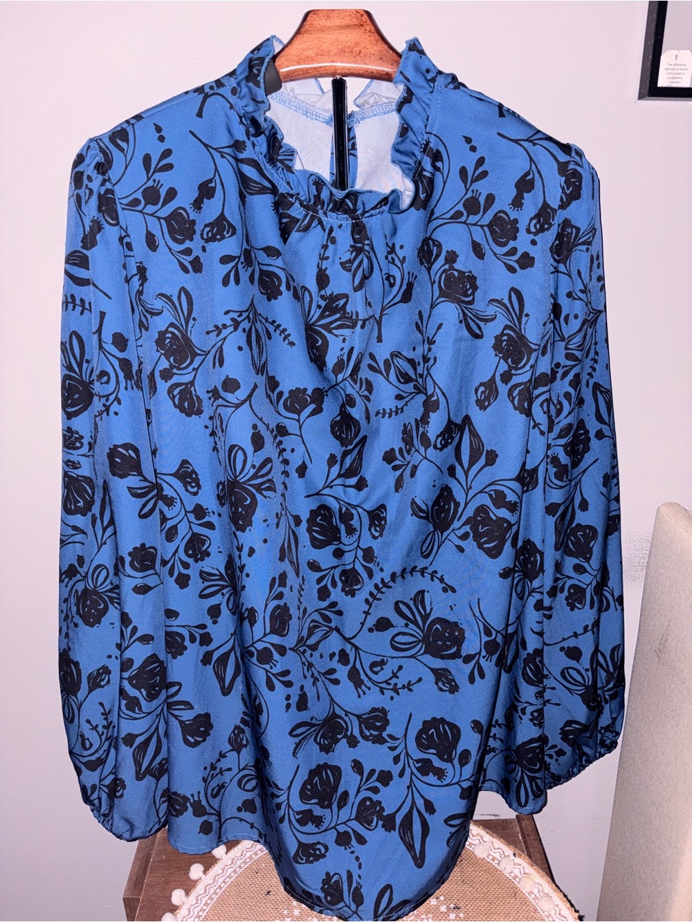 SHEIN Blue Blouse with Black Floral Print